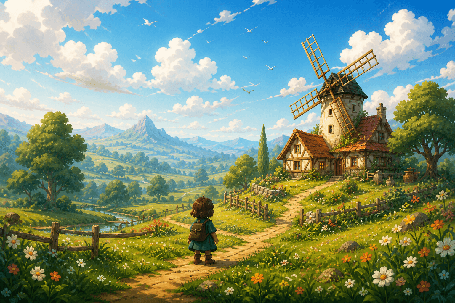 A young adventurer looking toward a windmill in a sunny valley